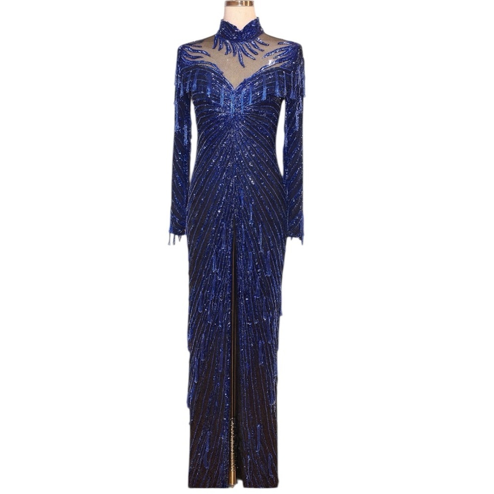 Vintage Lillie Rubin Embellished Cobalt Blue Silk Gown Size 4 - Picture 3 of 16